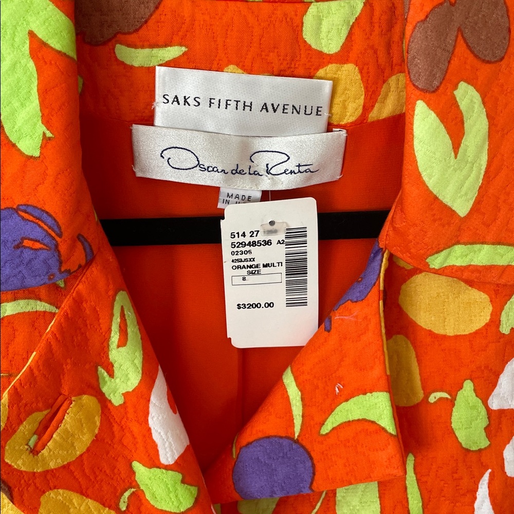 NWT.$3200 Oscar De La Renta Saks Fifth Avenue Orange Purple Floral Jacket Sz.8 - Picture 5 of 11